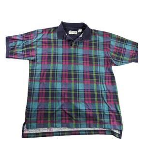 Club Newport Shirt Mens Large Polo Pink Blue Plaid Vintage 1990s Y2K Grandpa